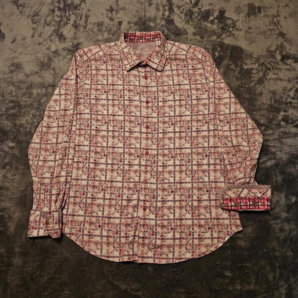 Robert Graham Mens XL Pink/ White Vines Long Sleeve Button Down Collar Stays